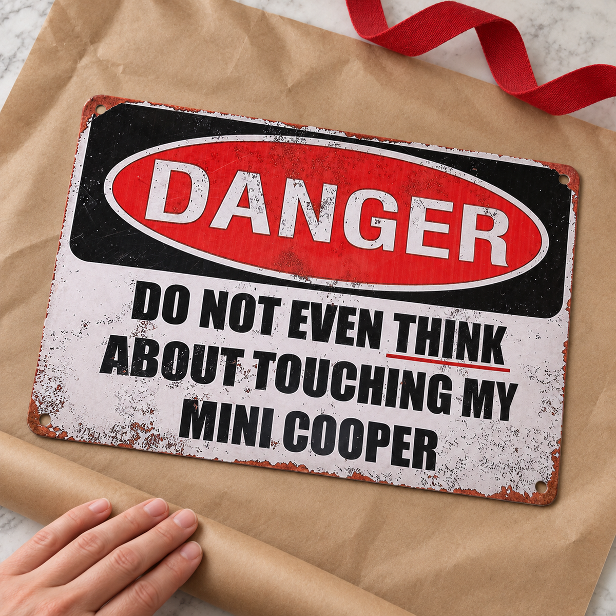 MINI COOPER novelty metal sign on kraft paper during gift preparation, with the full front design visible.