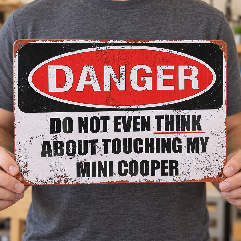 Adult hands holding the MINI COOPER novelty metal sign to show its approximate 12 by 8 inch size.