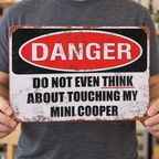 Adult hands holding the MINI COOPER novelty metal sign to show its approximate 12 by 8 inch size.