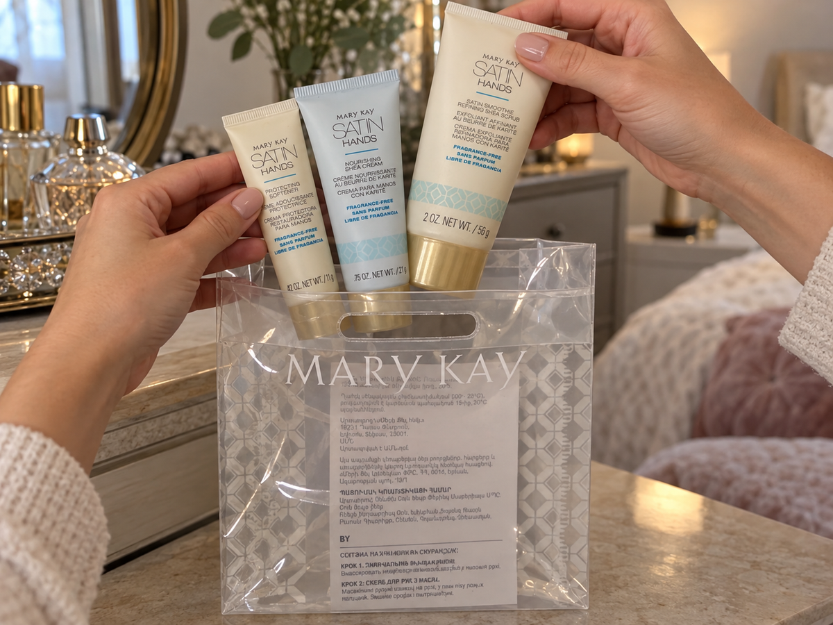 Three Mary Kay Satin Hands mini tubes being placed into the original gift bag.