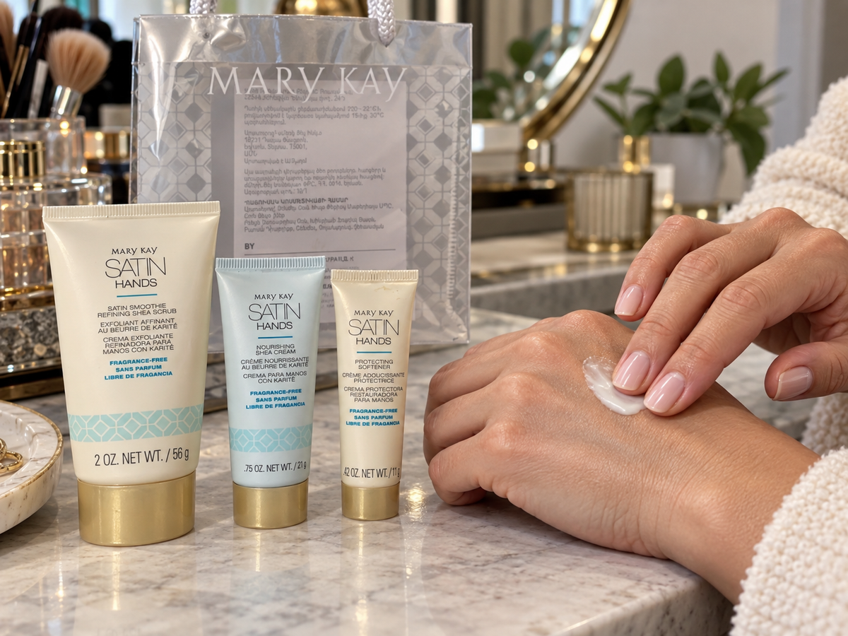 Mary Kay Satin Hands mini set beside an adult applying hand softener.
