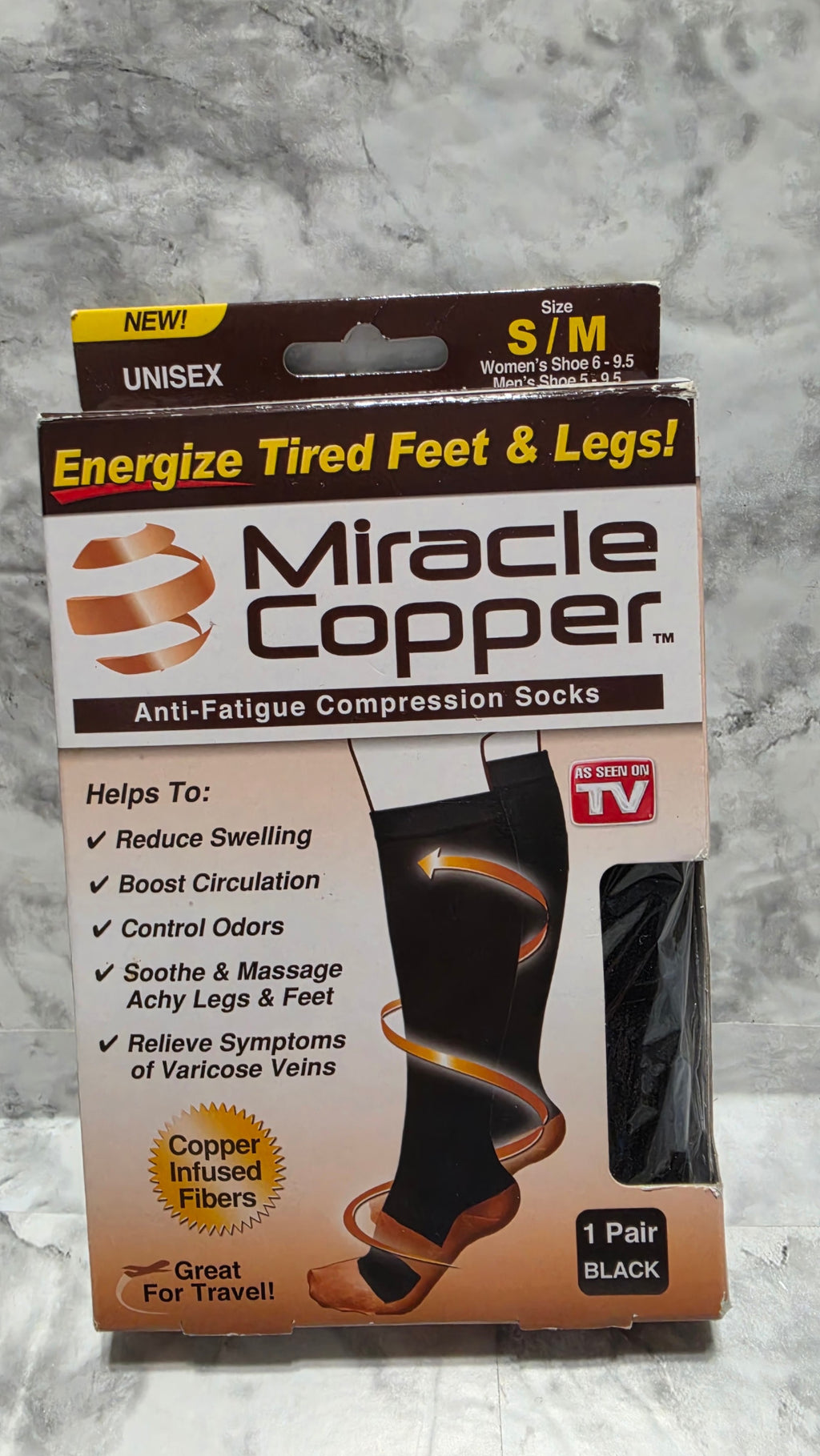 Actual Miracle Copper black S/M one-pair compression socks box with visible edge wear