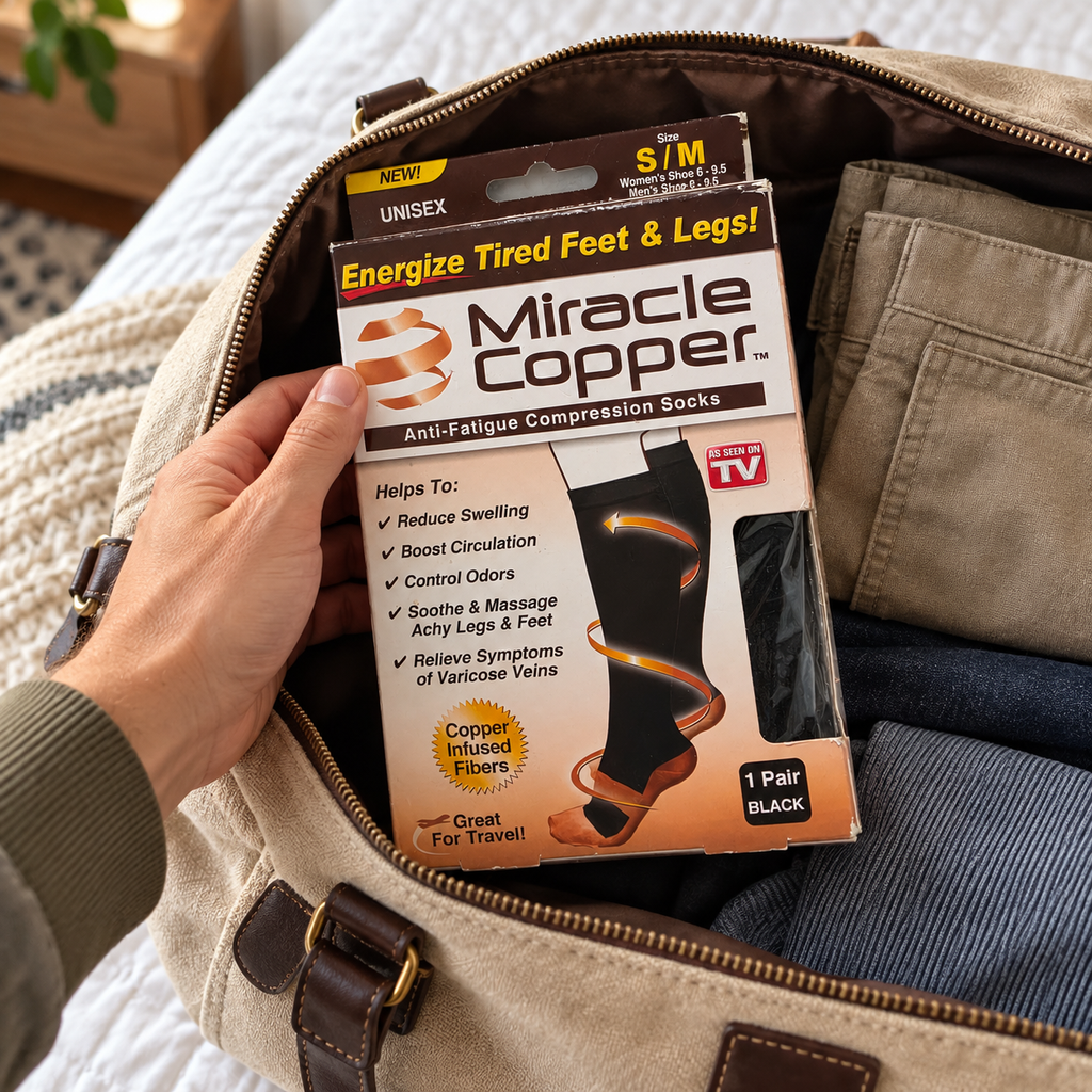Miracle Copper black S/M retail box being packed into an overnight bag