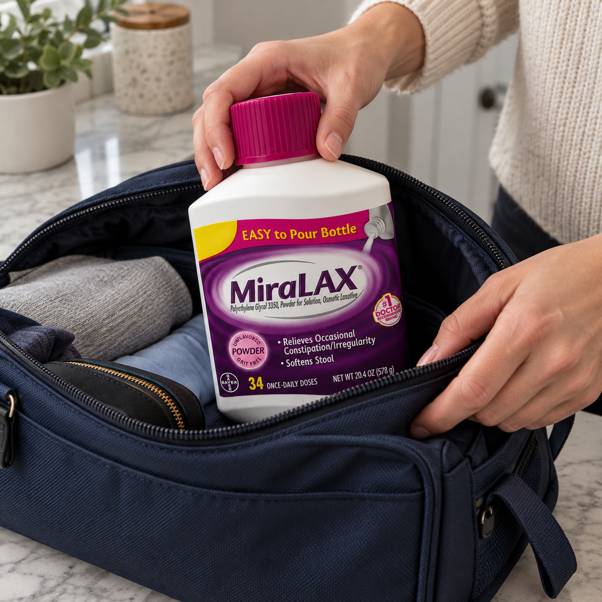 Placing a capped MiraLAX 34-dose bottle into a travel bag