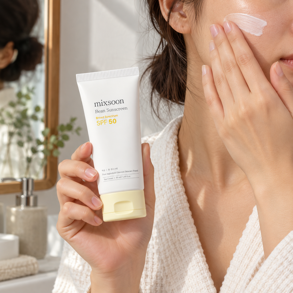 Adult applying mixsoon Bean Sunscreen during a morning skincare routine