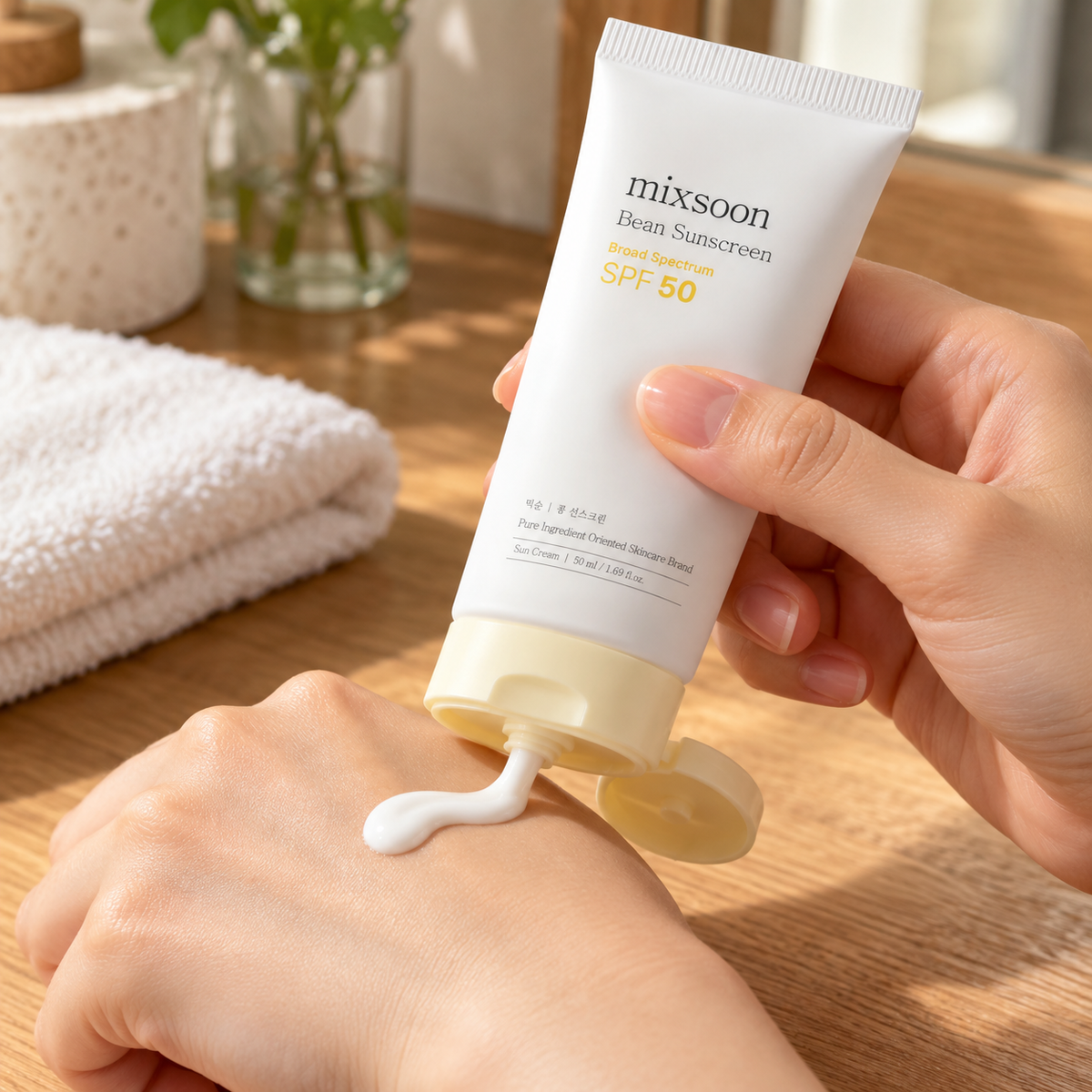 mixsoon Bean Sunscreen dispensed from the flip-top tube onto a hand