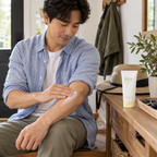 Adult spreading sunscreen on the forearm before going outdoors