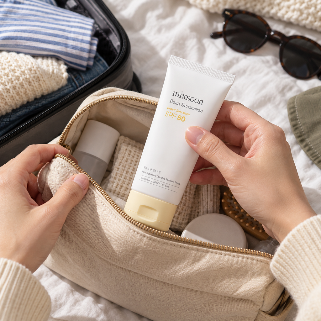 mixsoon Bean Sunscreen tube being packed in a travel toiletries pouch