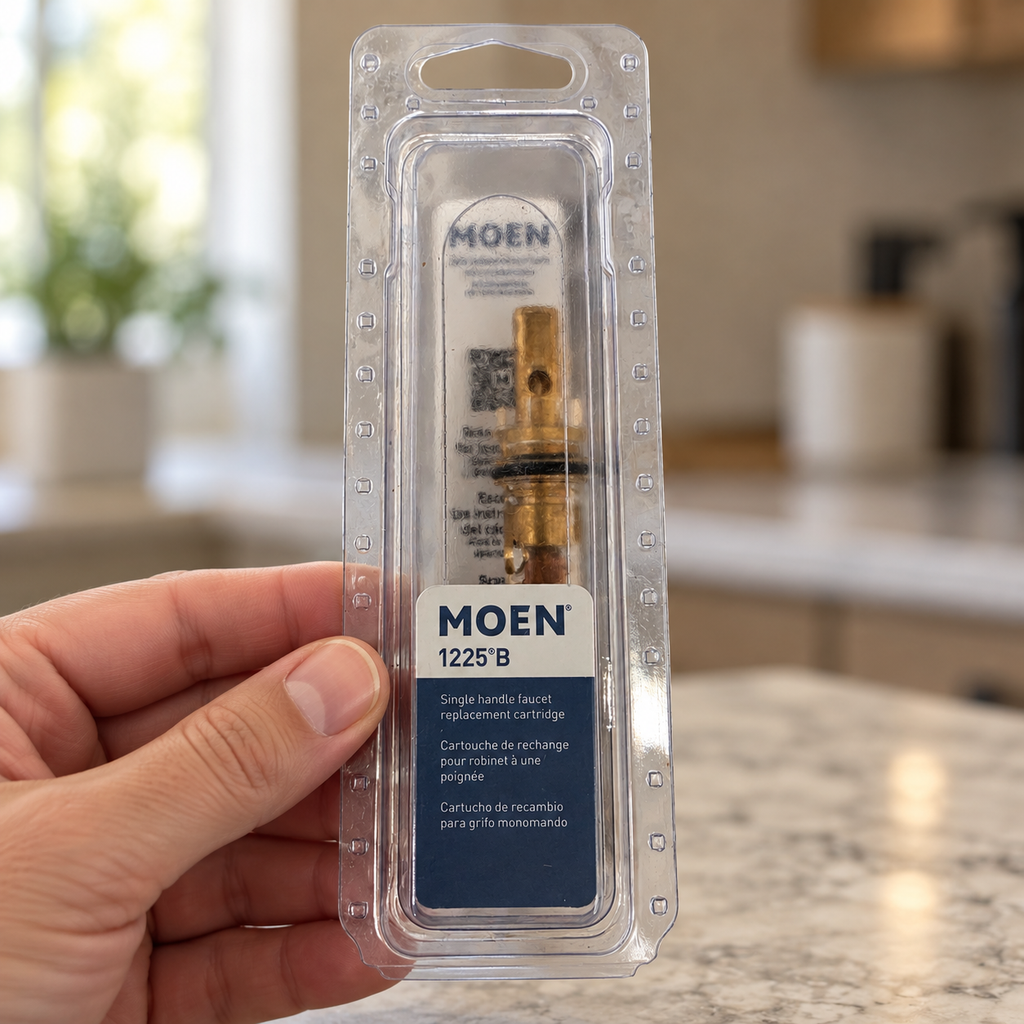Adult hand holding the clear package of a Moen 1225B replacement cartridge.