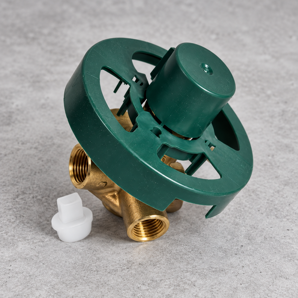 AI-generated contextual product view of the Moen 2510 Posi-Temp 1/2 in IPS rough-in valve with green plaster guard.