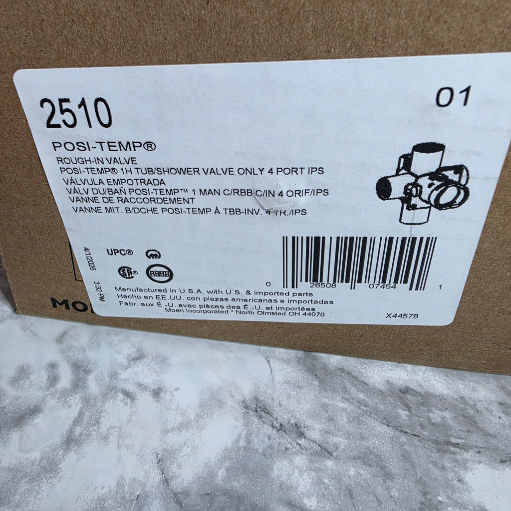 Actual Moen 2510 Posi-Temp rough-in valve box label showing the four-port 1/2 inch IPS configuration and UPC