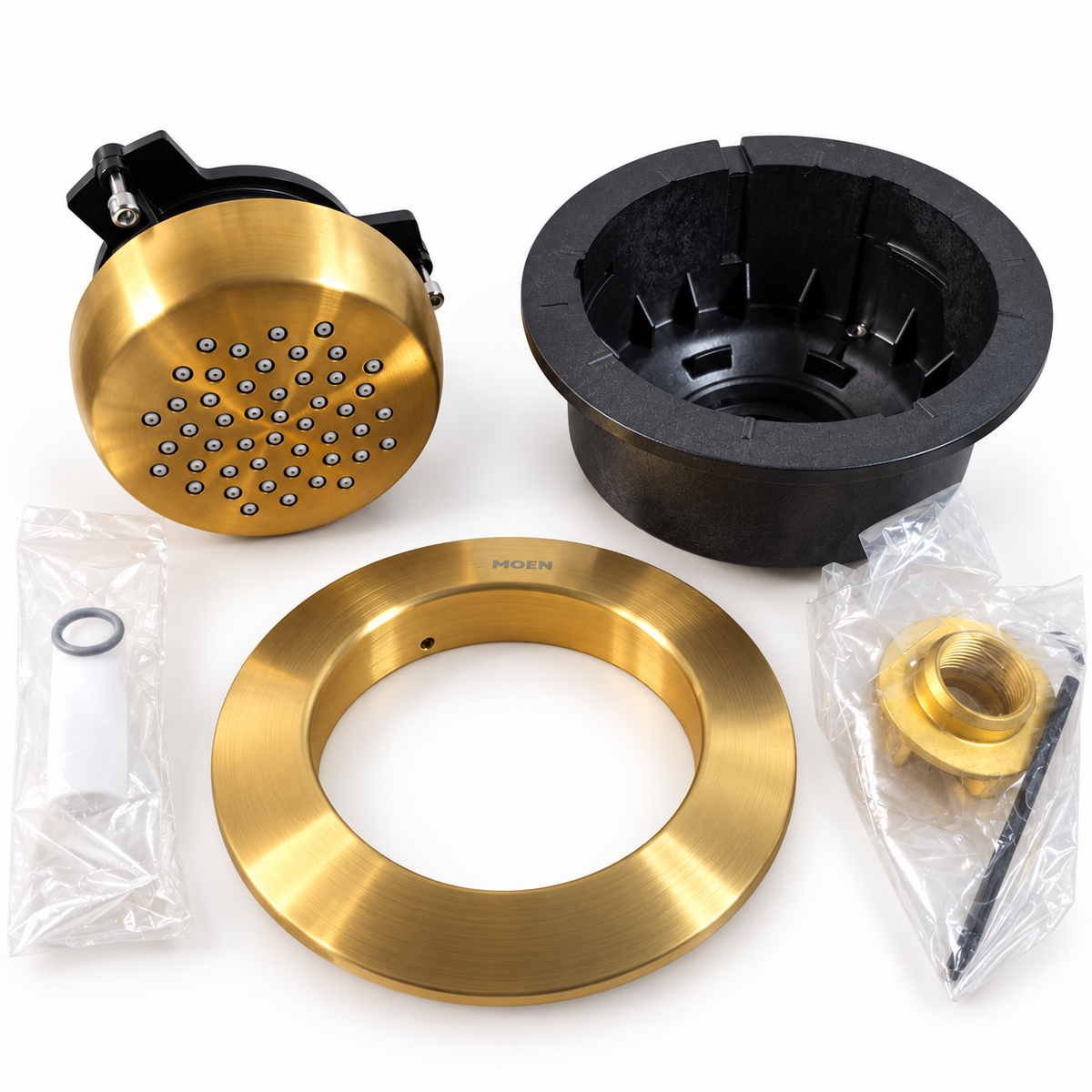 Moen Mosaic TS1322BG brushed gold body spray trim kit and installation pieces,  actual-item photo