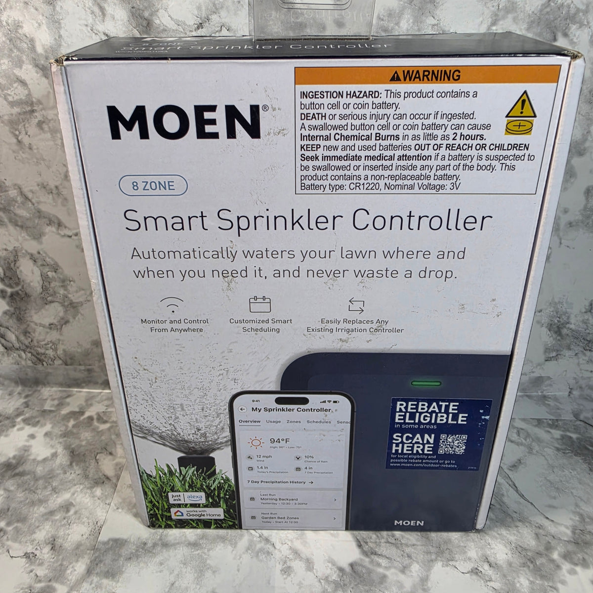 Actual More4less inventory box for the Moen WICNT008G1USA 8-zone smart sprinkler controller, showing light outer-box wear.