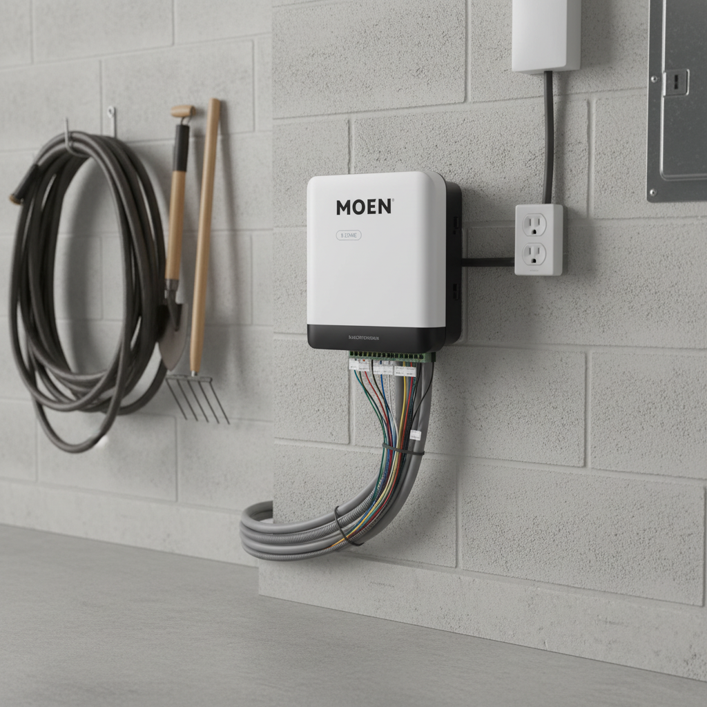 AI-generated lifestyle context of the Moen WICNT008G1USA controller with neatly organized irrigation wiring in an indoor utility area.