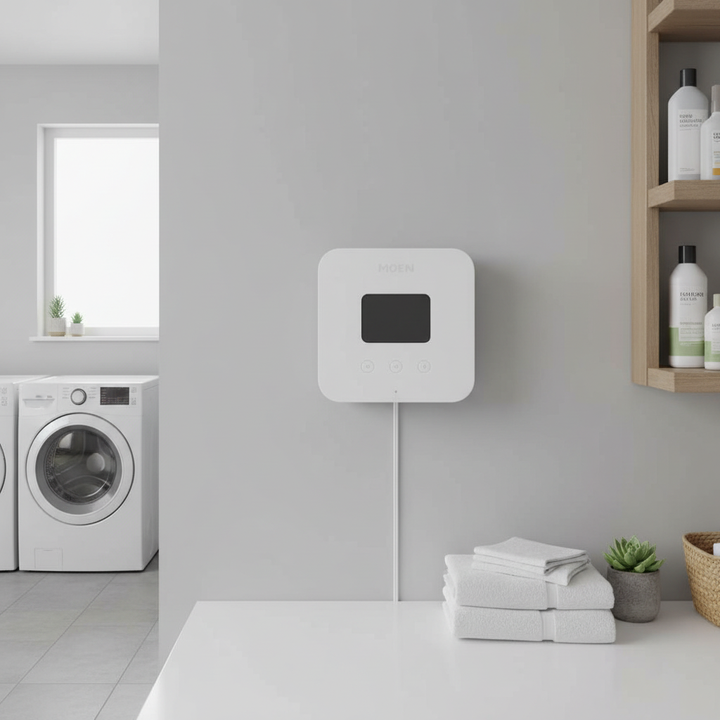 AI-generated lifestyle context of the Moen WICNT008G1USA controller installed in an indoor utility room; not the actual stocked item.