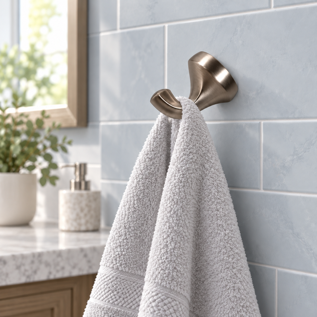 AI-generated bathroom scene of a brushed nickel robe hook holding a white towel on blue-gray tile.