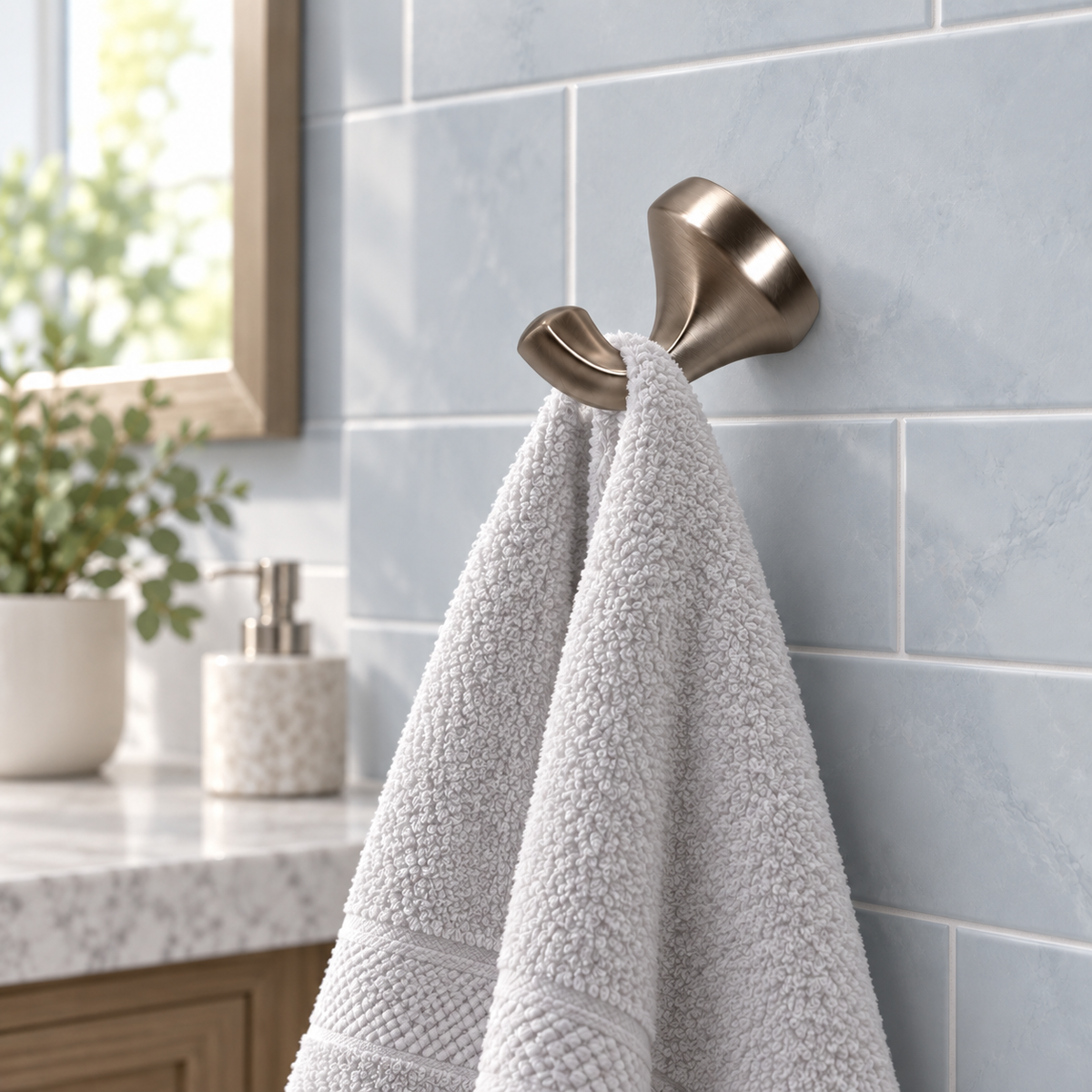 AI-generated bathroom scene of a brushed nickel robe hook holding a white towel on blue-gray tile.