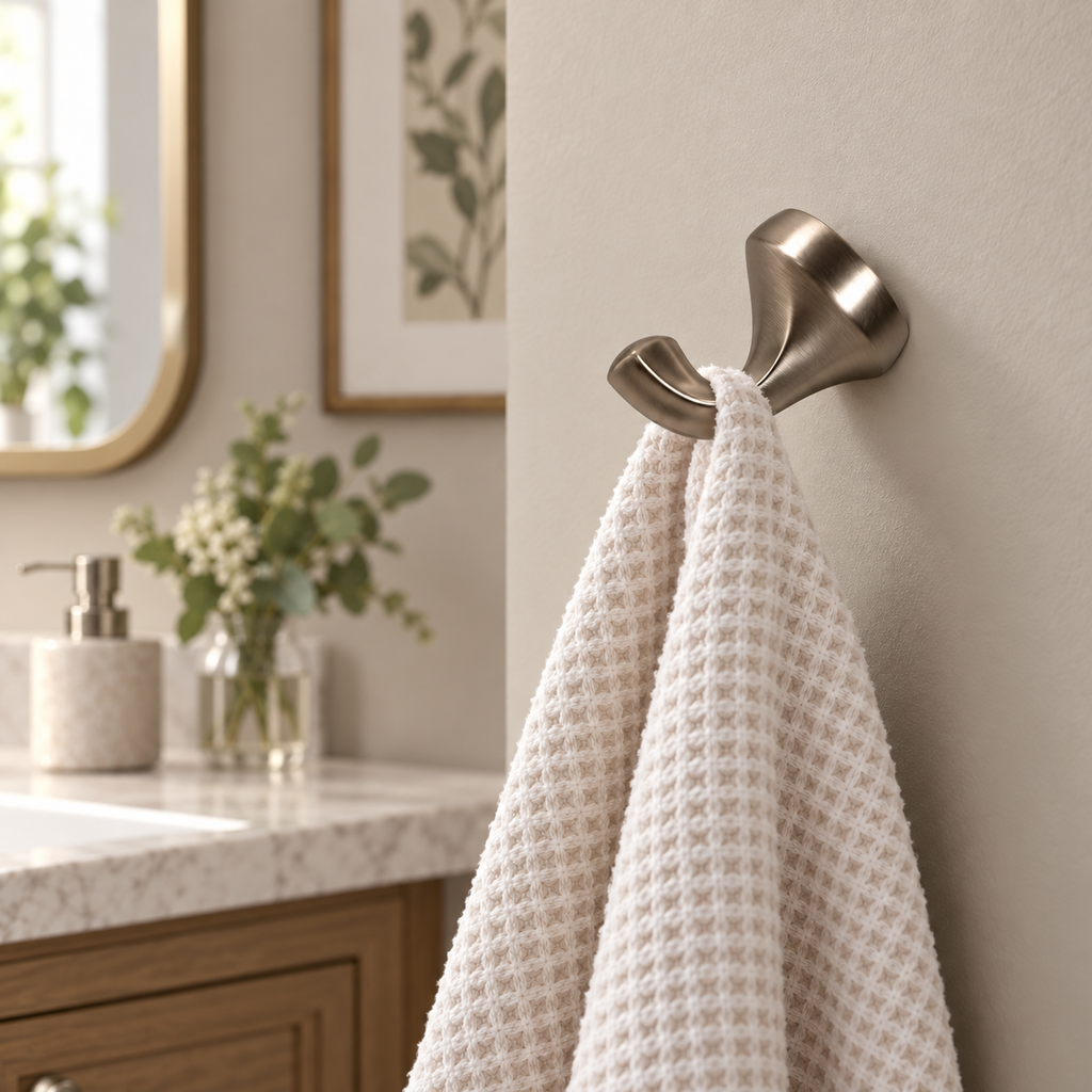 AI-generated bathroom scene of a brushed nickel robe hook holding a white towel on a warm neutral wall.