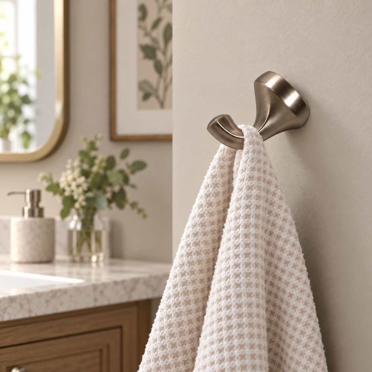 AI-generated bathroom scene of a brushed nickel robe hook holding a white towel on a warm neutral wall.