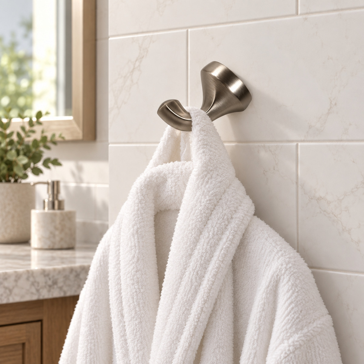AI-generated bathroom scene of a brushed nickel robe hook holding a white towel on white tile.