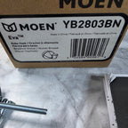 Actual Moen Eva YB2803BN package label showing the brushed nickel finish, model number, UPC, and country of origin.