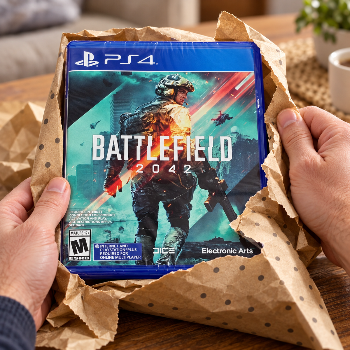 Adult hands unwrapping a Battlefield 2042 PS4 game case; AI-assisted illustration