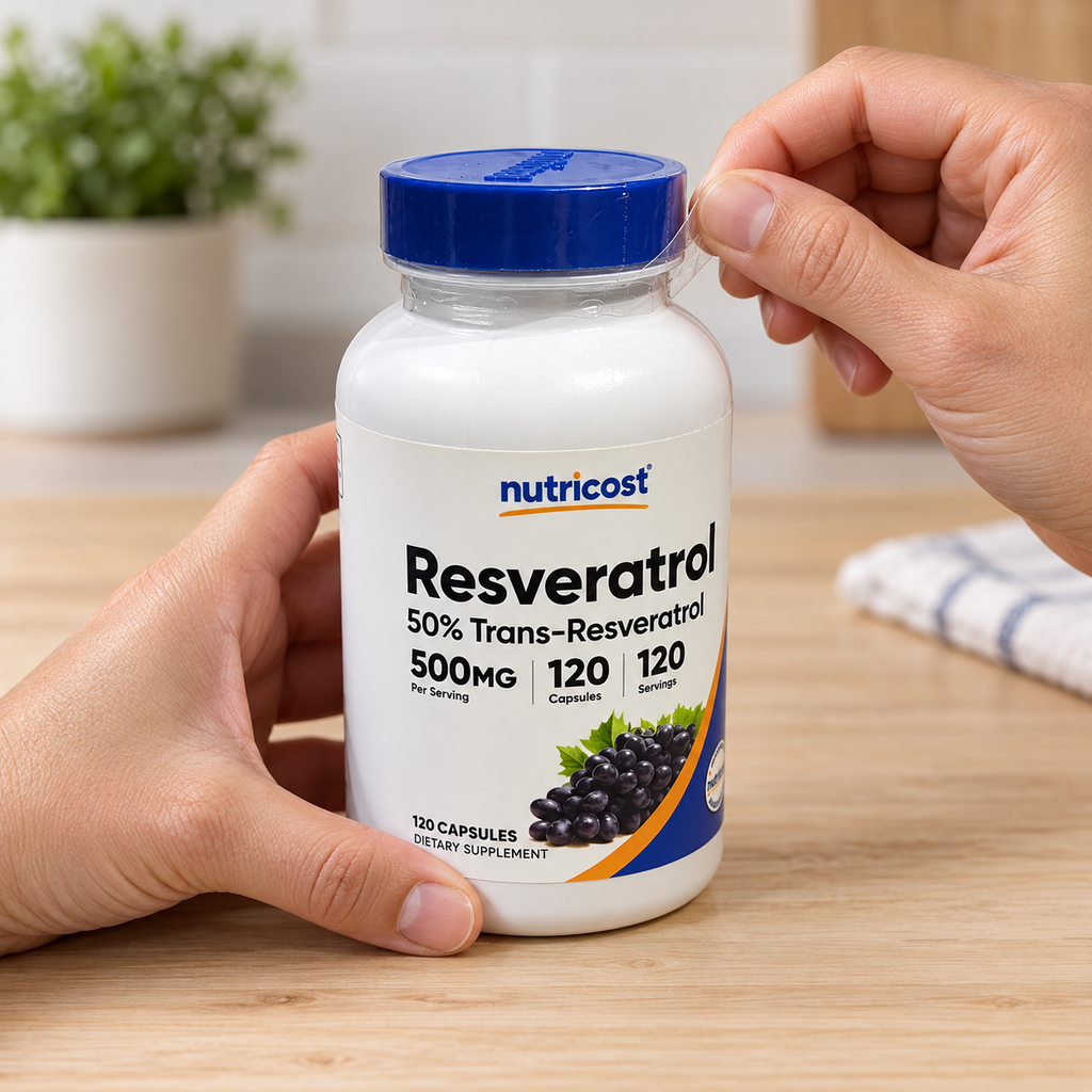 AI-generated illustration of adult hands peeling clear outer cap wrap from a closed Nutricost Resveratrol 500 mg 120-capsule bottle.
