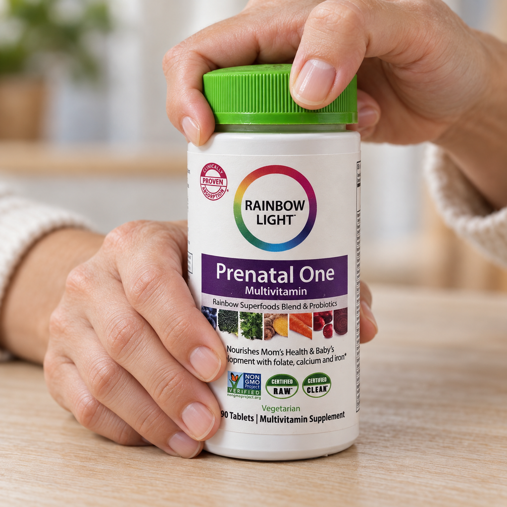 Opening a Rainbow Light Prenatal One multivitamin bottle
