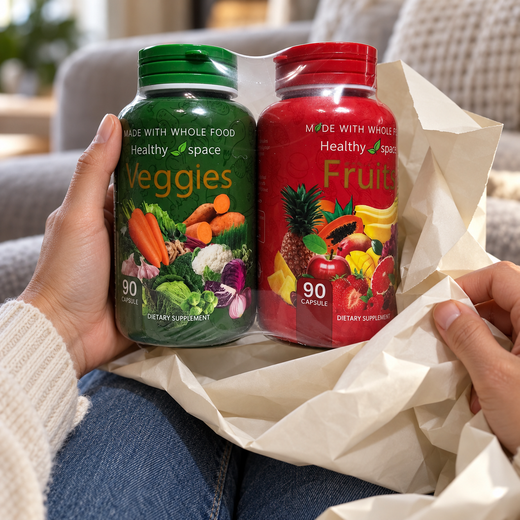 AI-generated scene of the Healthy Space Fruits and Veggies bundle being unwrapped.