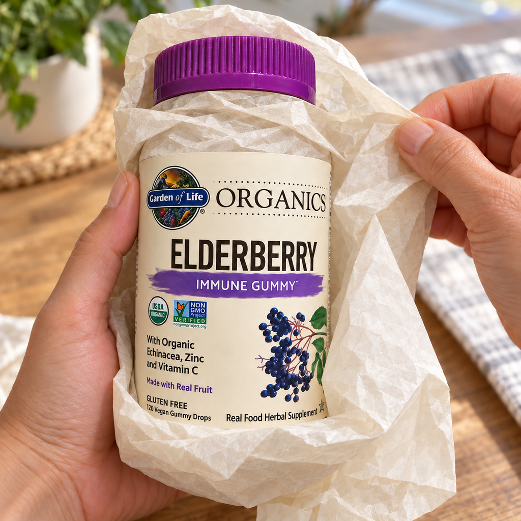 Unwrapping a Garden of Life Organics Elderberry gummy bottle