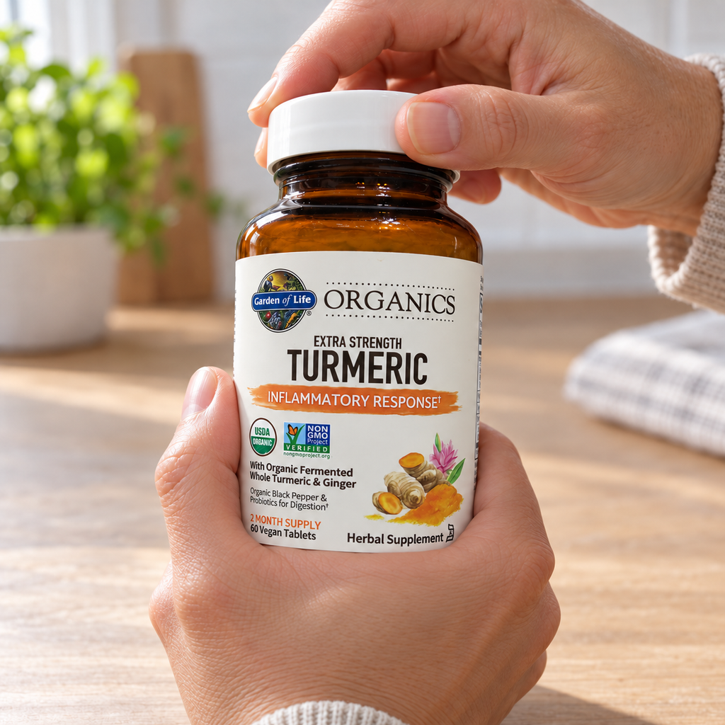 Opening a Garden of Life Organics Turmeric bottle