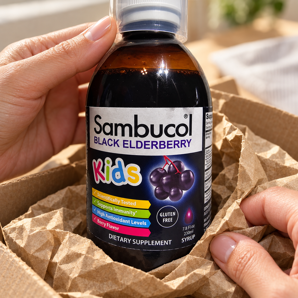 Unpacking a Sambucol Kids 7.8 fl oz bottle