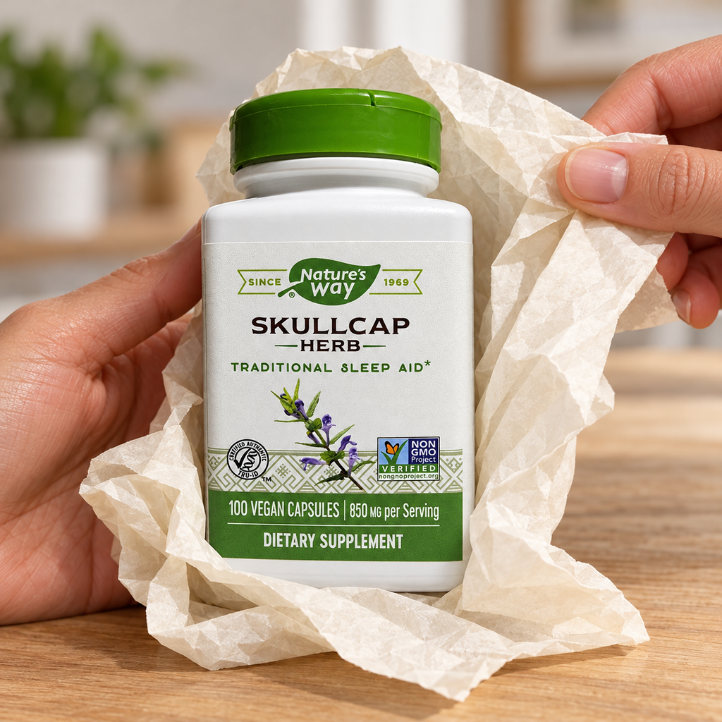 AI-generated illustration of adult hands unwrapping plain tissue from a closed Nature’s Way Skullcap Herb bottle labeled 100 vegan capsules and 850 mg per serving.