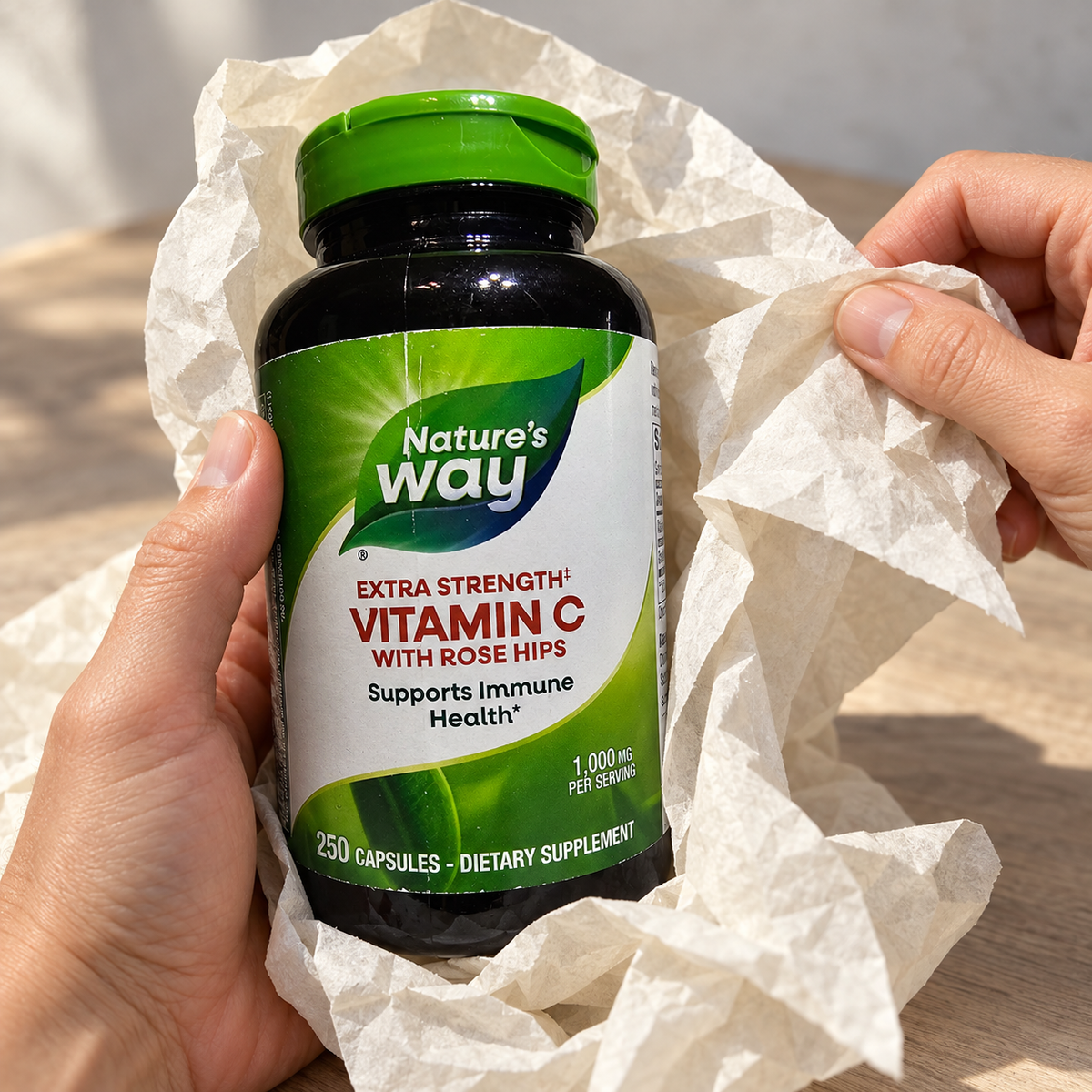 Hands unwrapping a Nature's Way Vitamin C bottle from tissue paper.