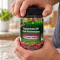 Hands turning the cap on an Irwin Naturals Testosterone UP gummy jar.