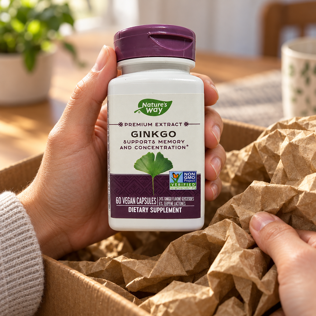 AI-generated illustration. Adult hands lift a closed Nature’s Way Premium Extract Ginkgo 60-vegan-capsule bottle from shipping paper. Paper is a scene prop.