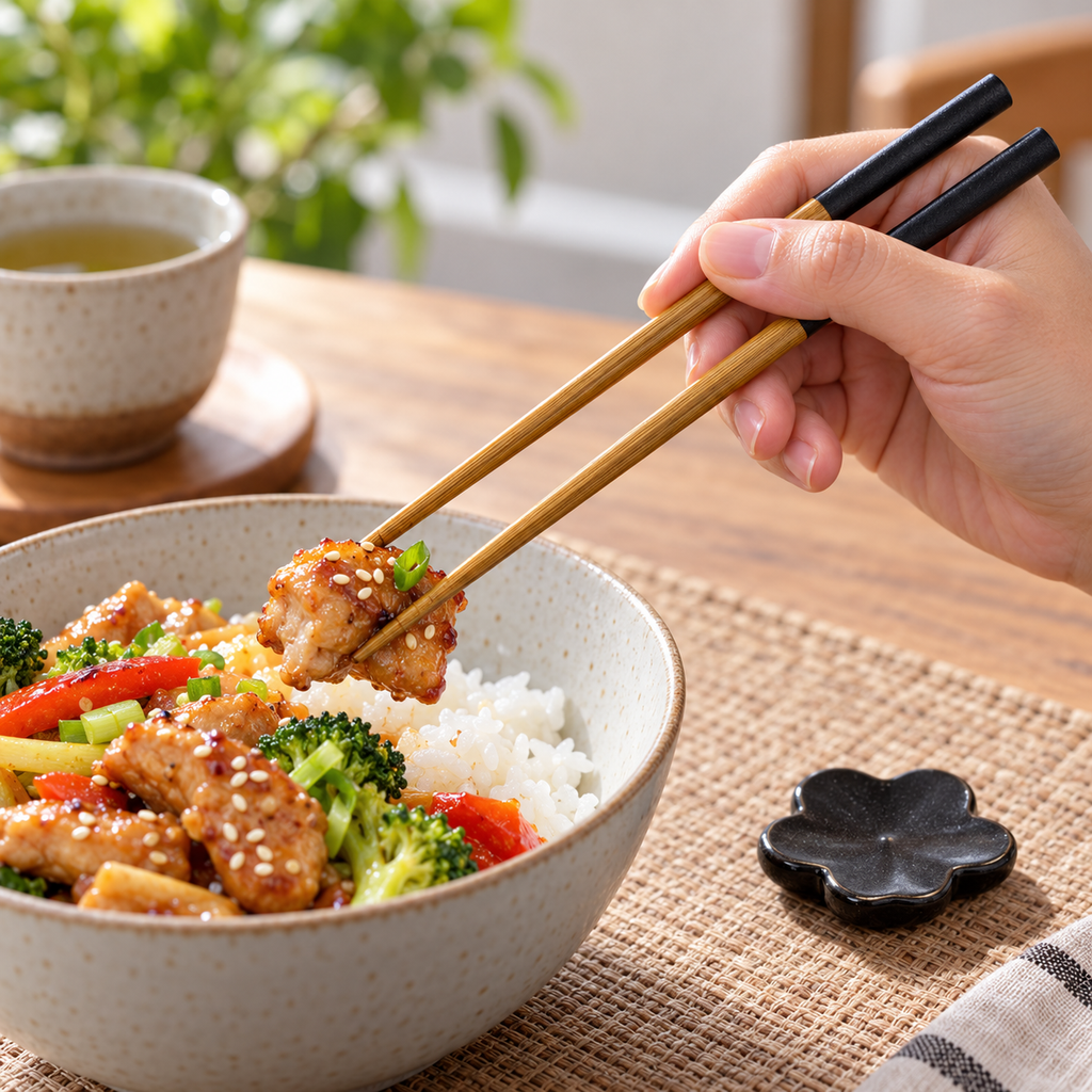 AI-generated illustration of an adult lifting a bite with one black-ended Infuse Spring Day chopstick pair; food and bowl are scene props.
