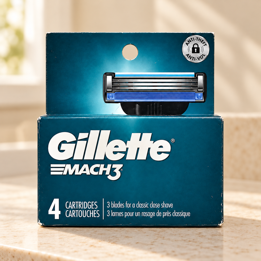 One teal Gillette Mach3 4-cartridge refill package on a pale stone vanity