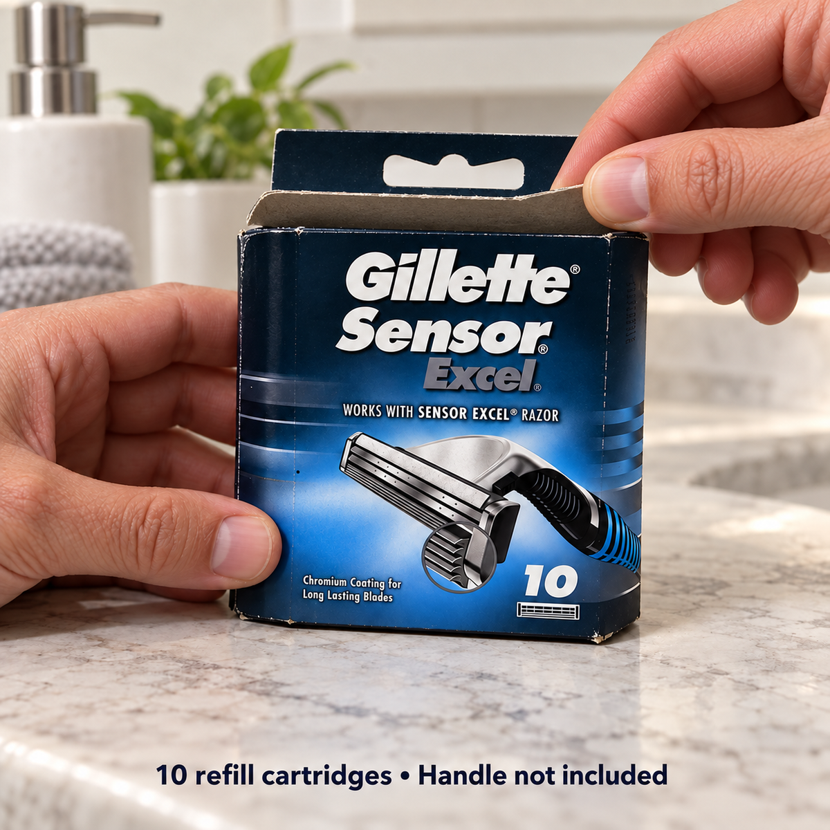 Adult opening the ten-count Gillette Sensor Excel refill carton with the contents concealed