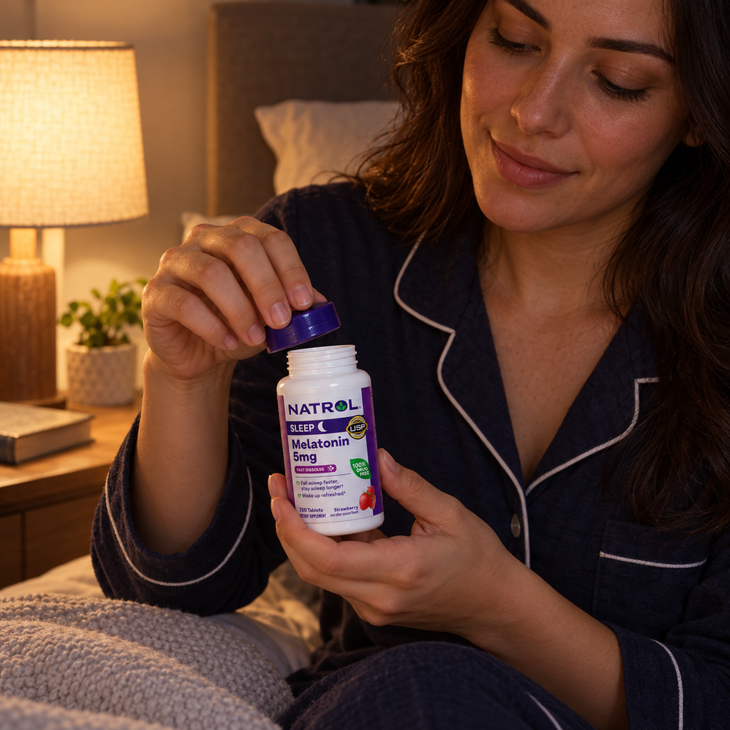 Adult opening a Natrol Melatonin 5 mg bottle during a bedtime routine