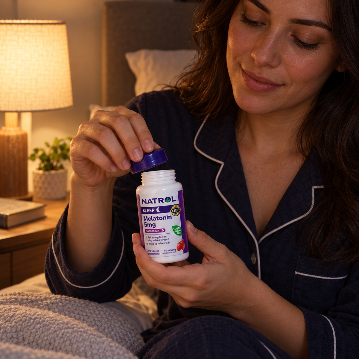 Adult opening a Natrol Melatonin 5 mg bottle during a bedtime routine