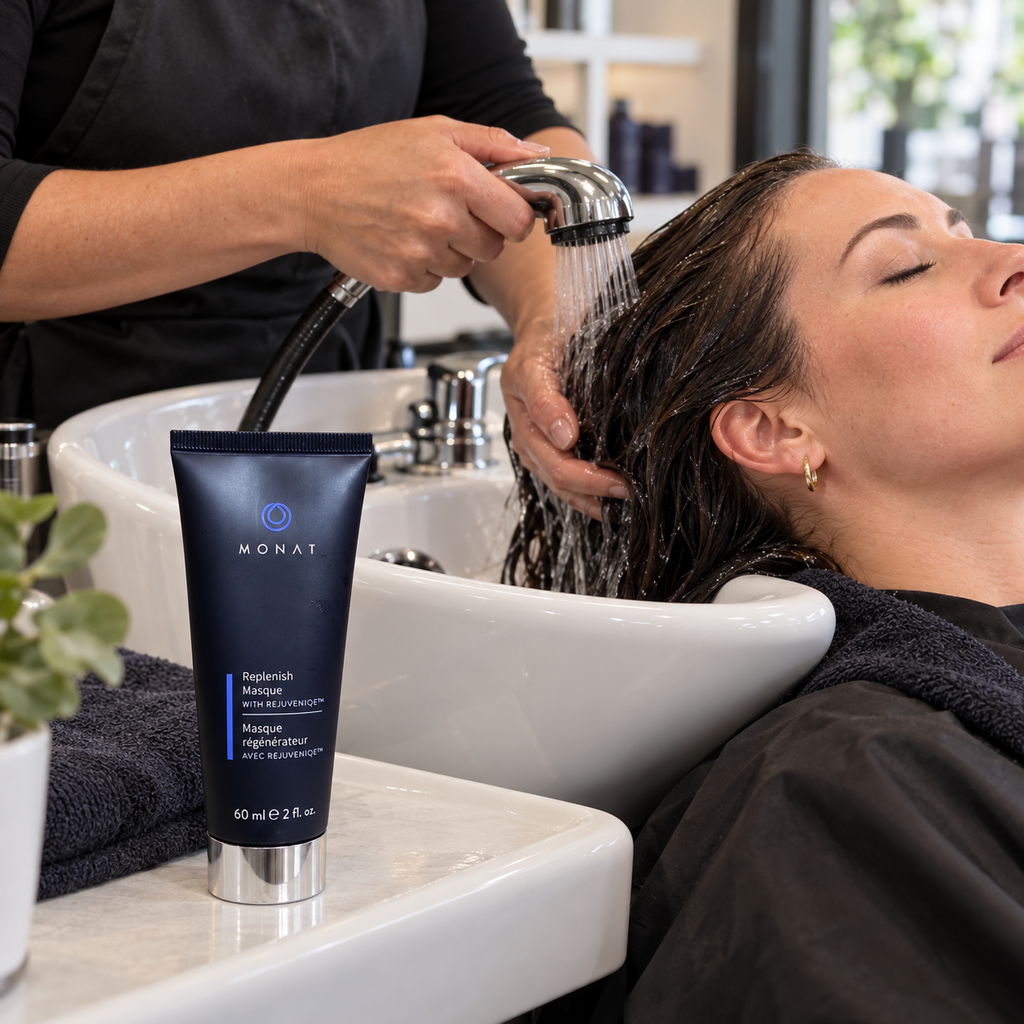 Hair being rinsed at a salon basin with the MONAT Replenish Masque 60 mL tube beside it