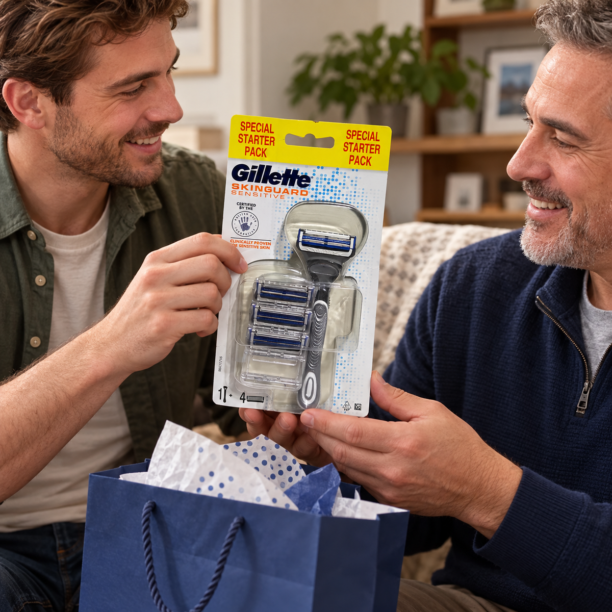 Gillette SkinGuard starter pack with one handle and four total cartridges being given as a gift