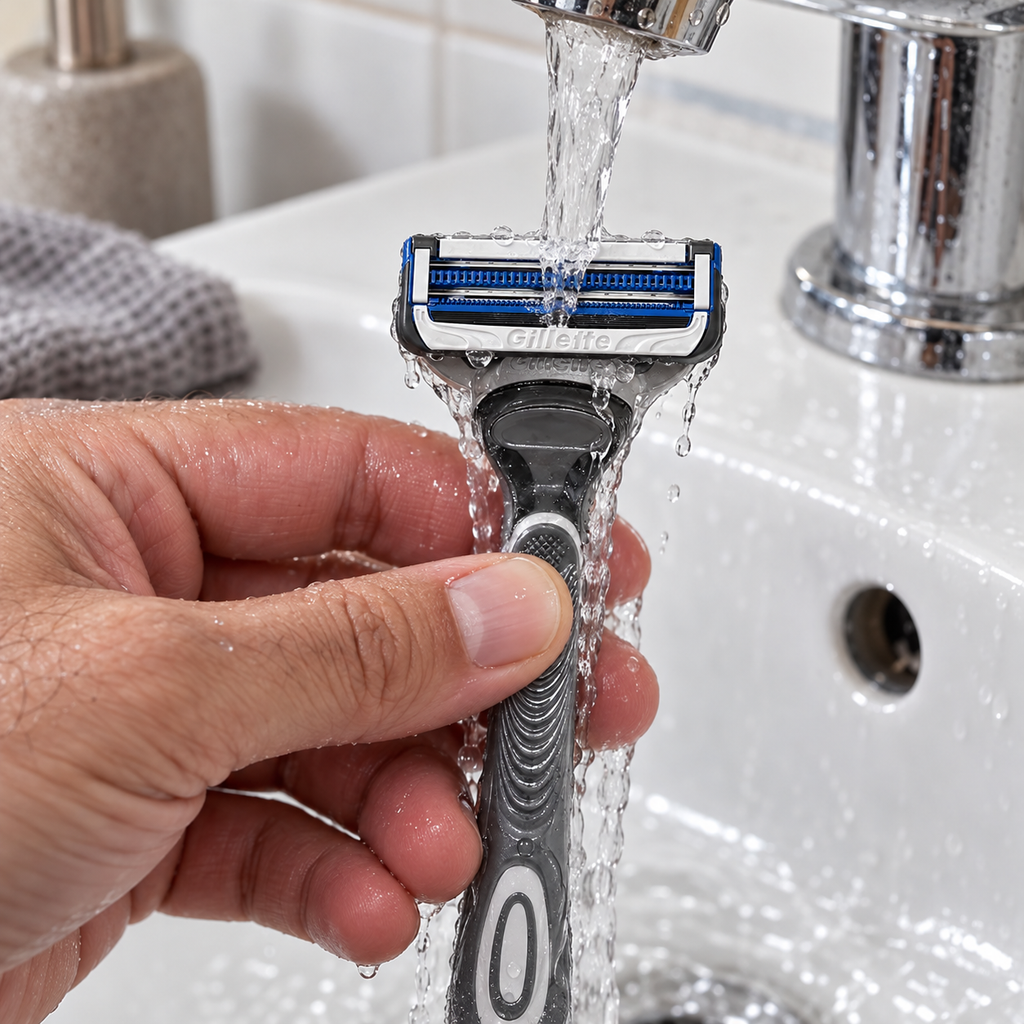Gillette SkinGuard two-blade razor head being rinsed under running water after shaving
