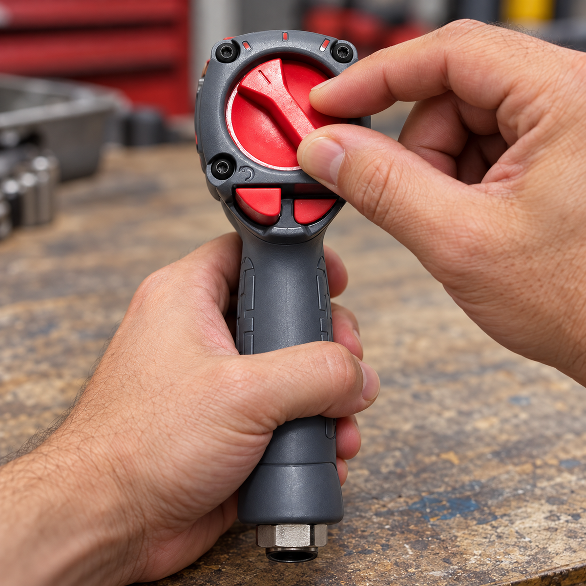 Adult adjusting the red rear power-regulator dial of an Ingersoll Rand 35MAX with its air inlet disconnected.