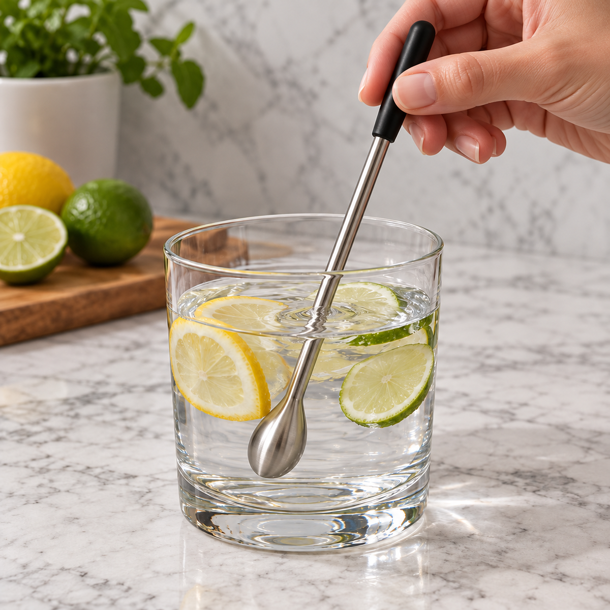 AI-generated illustration of an adult gently stirring a cold citrus-water drink with the black-grip Undici swizzle stick.