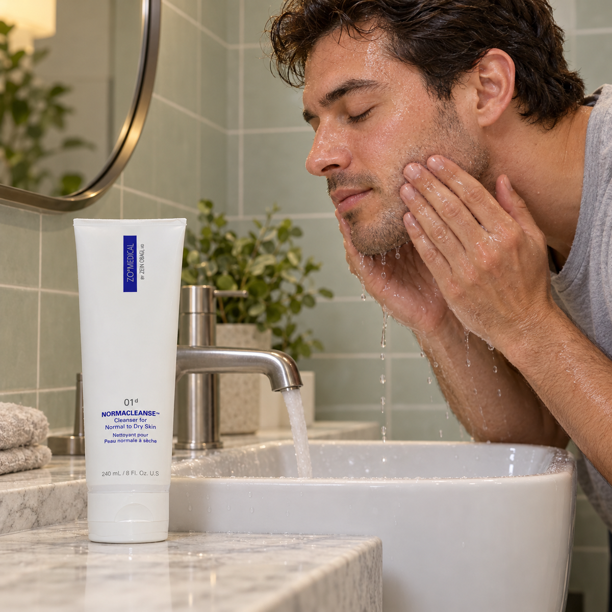 AI-staged scene: Adult cleansing at a sink with ZO Medical Normacleanse 240 mL; props not included.