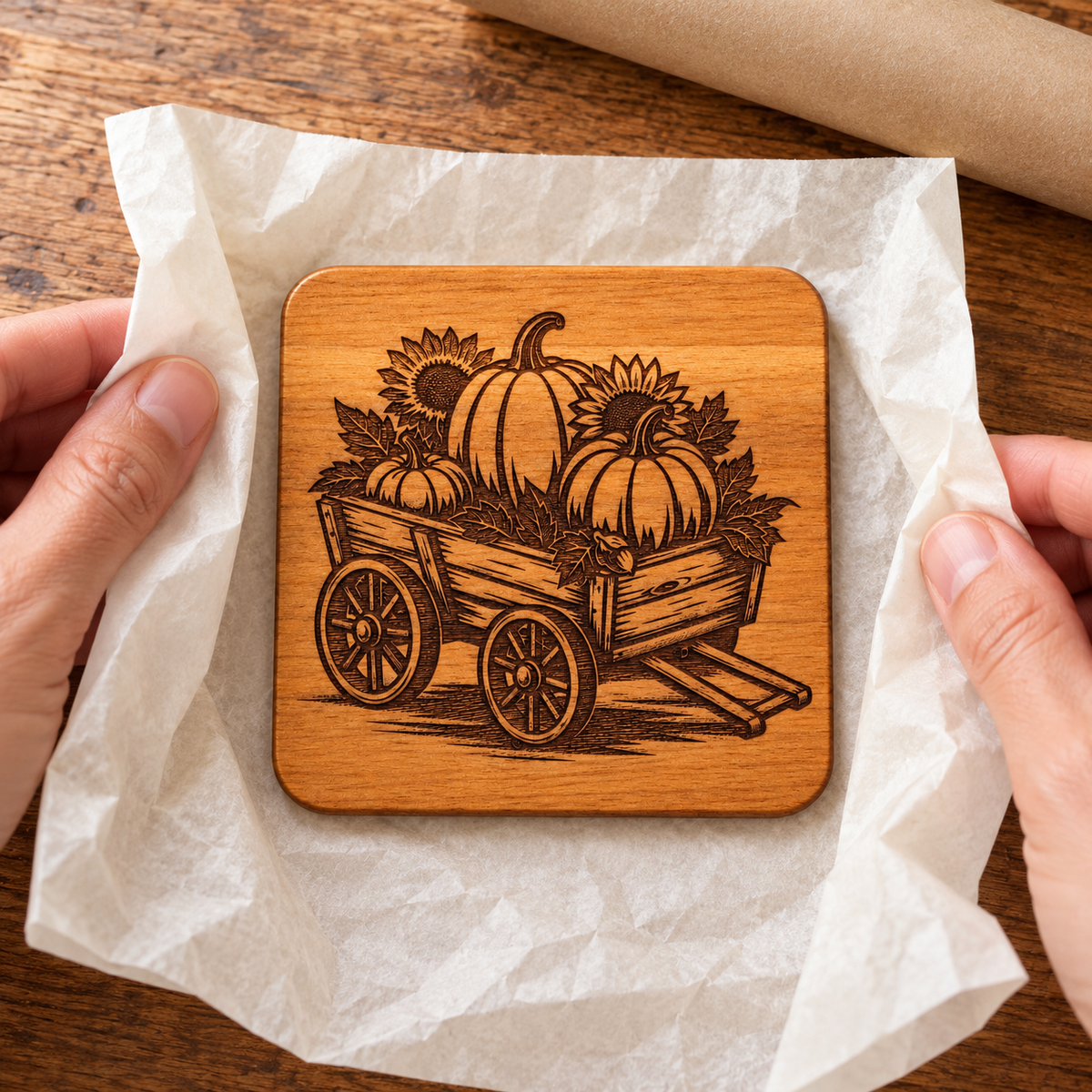Hands folding loose tissue around a single pumpkin-and-sunflower wagon coaster as a gift-wrapping idea.