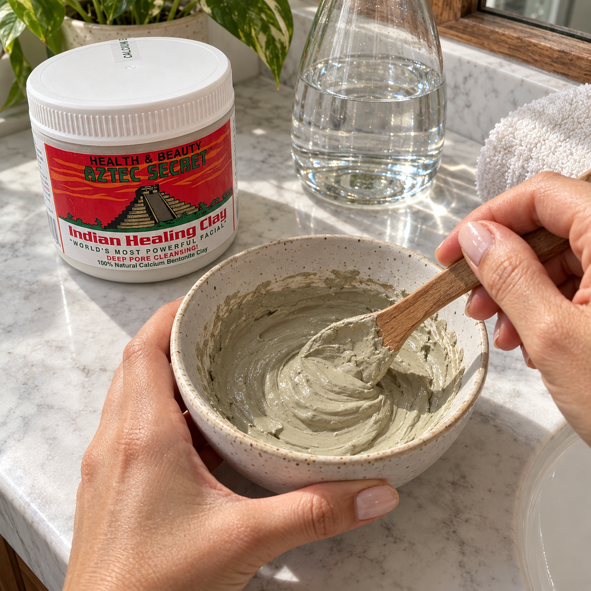 AI-generated context: Aztec Secret Indian Healing Clay jar beside hands mixing clay with a wooden utensil in a ceramic bowl; bowl, brush, towels and other setting props not included.