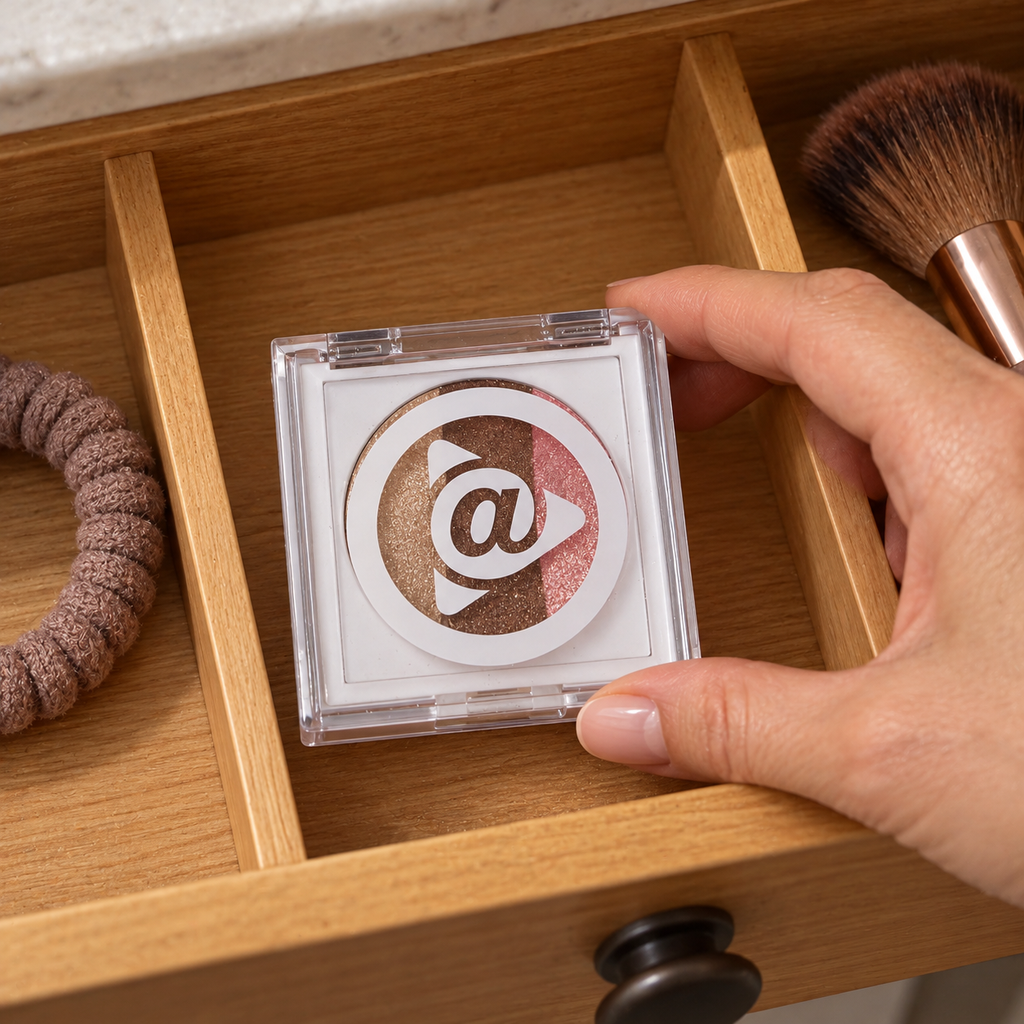 Neapolitan eye trio being placed in a vanity drawer with its lid closed